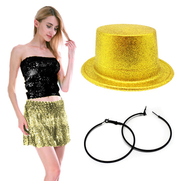 Ladies New Years Eve Sequin Costume Kit (Black and Gold)