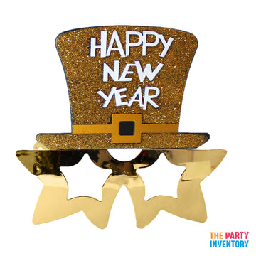 Glitter Top Hat Happy New Year Party Glasses (Gold)