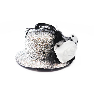 Small Silver Glitter Hair Hat with Rose