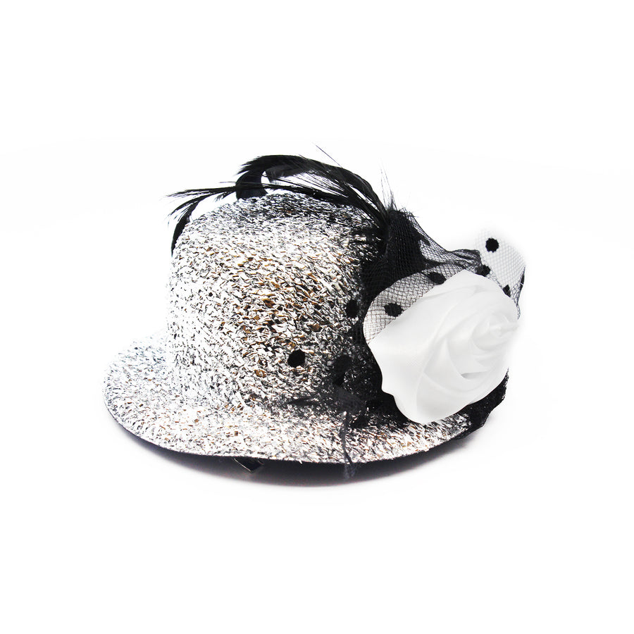 Small Silver Glitter Hair Hat with Rose
