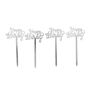 4pk Happy Birthday Cupcake Toppers (Silver)