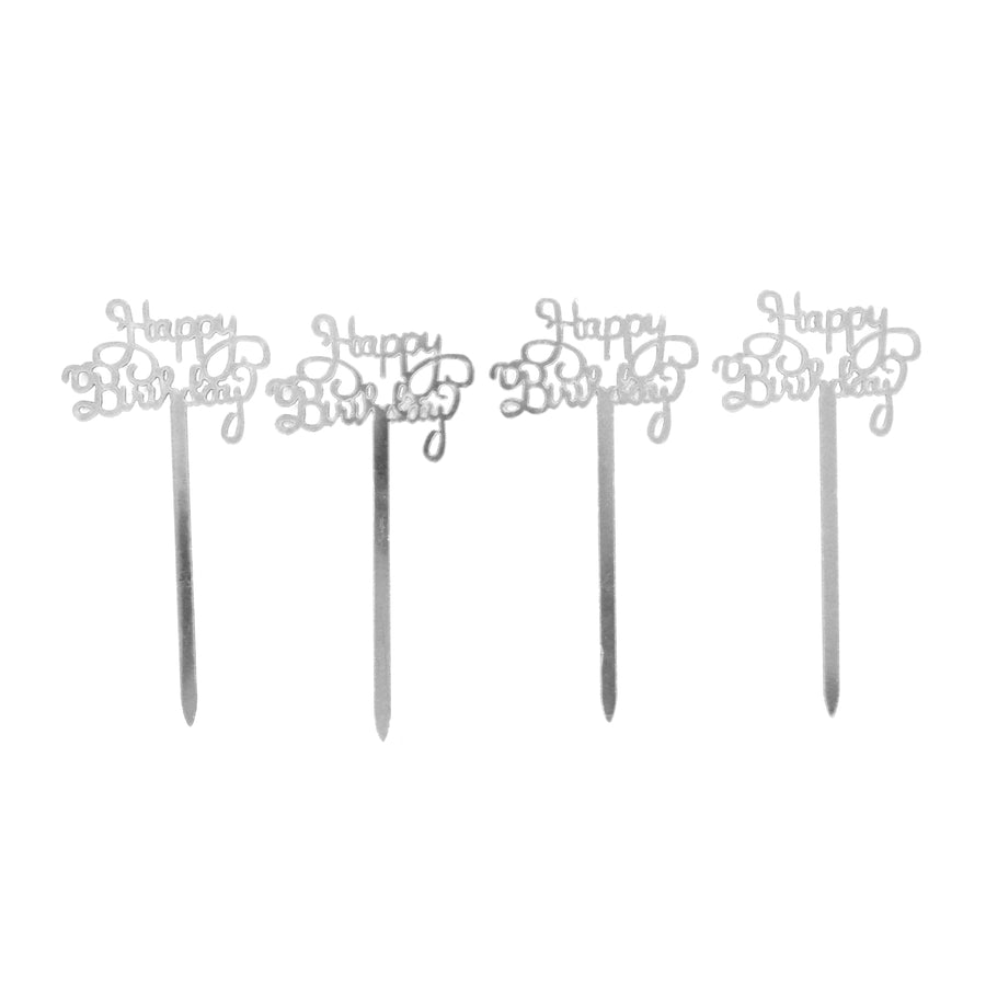 4pk Happy Birthday Cupcake Toppers (Silver)