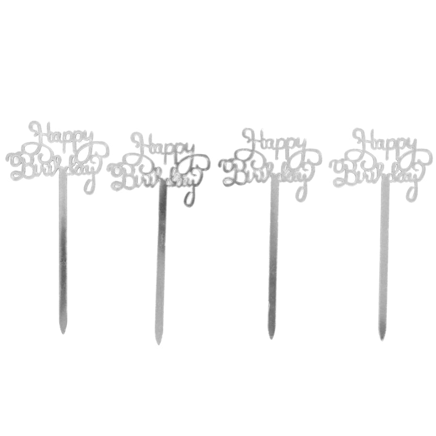 4pk Happy Birthday Cupcake Toppers (Silver)