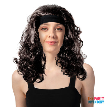 Black Curly 80s Wig with Headband
