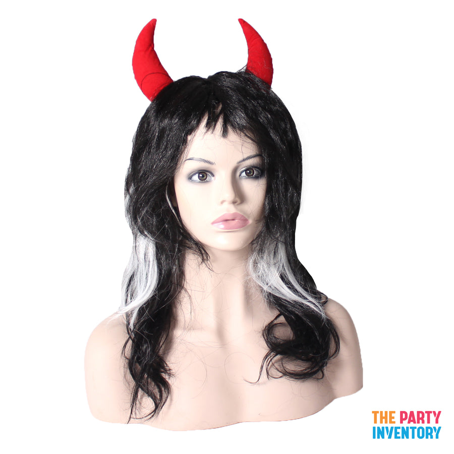 Long Black and White Wig with Devil Horns