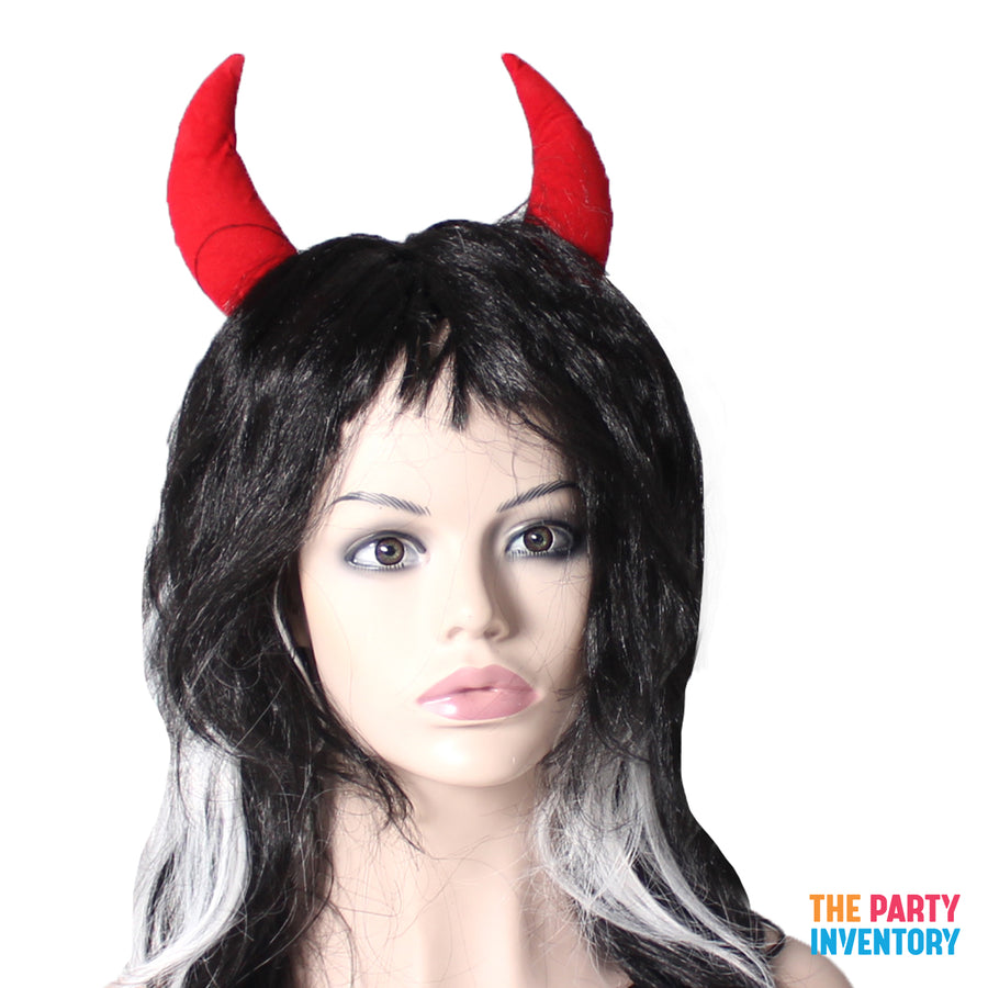Long Black and White Wig with Devil Horns