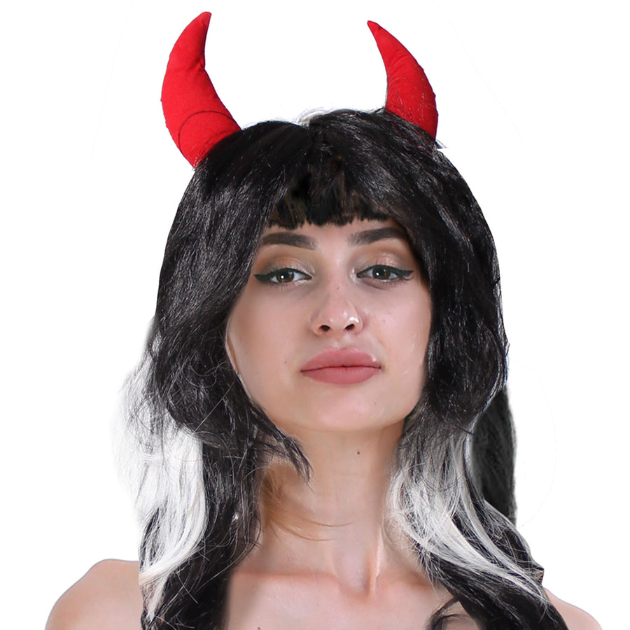 Long Black and White Wig with Devil Horns