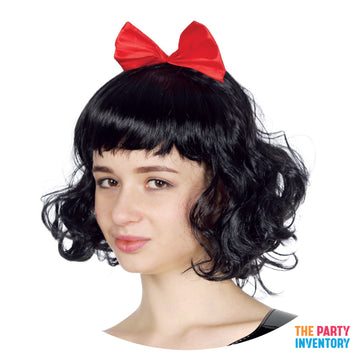 Short Wavy Wig Black with Red Bow