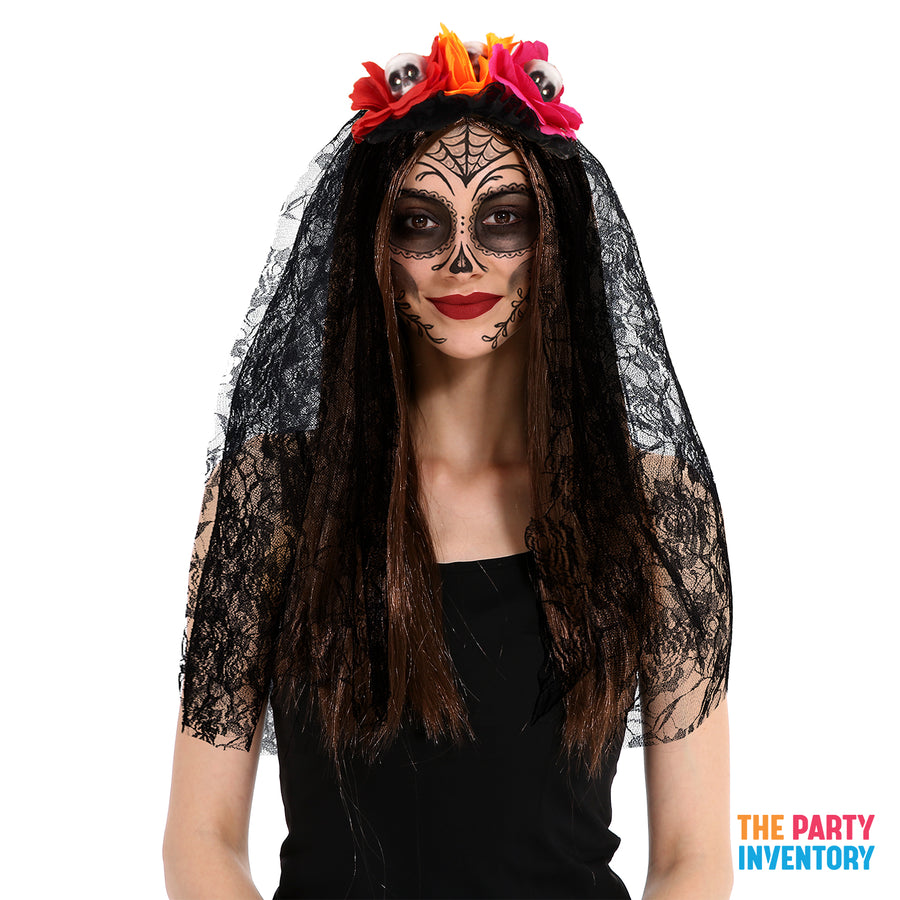 Day of the Dead Black Lace Veiled Headband