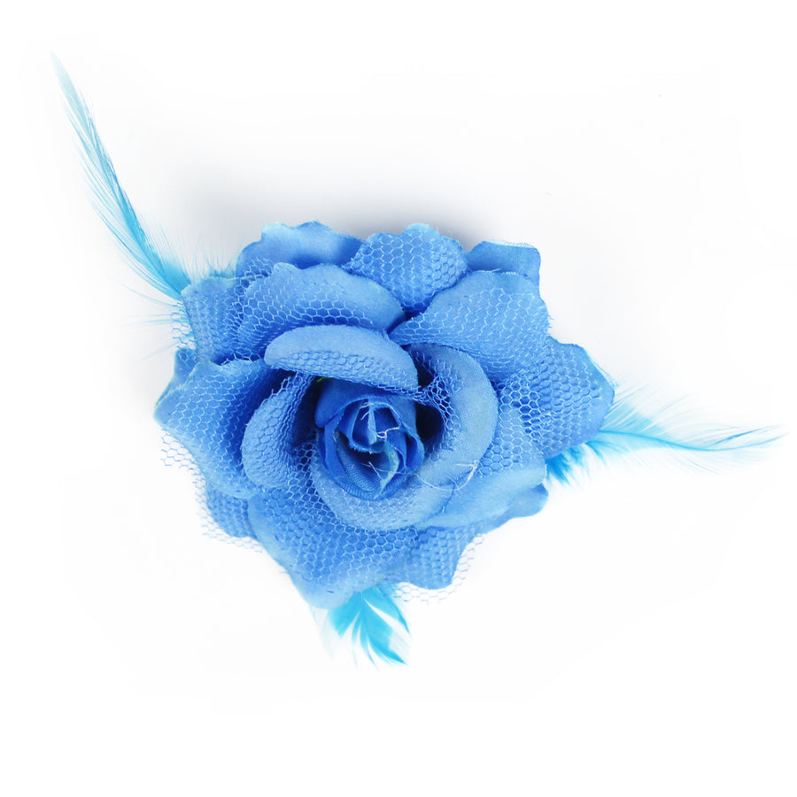 Blue Net Rose Hair Clip with Feathers