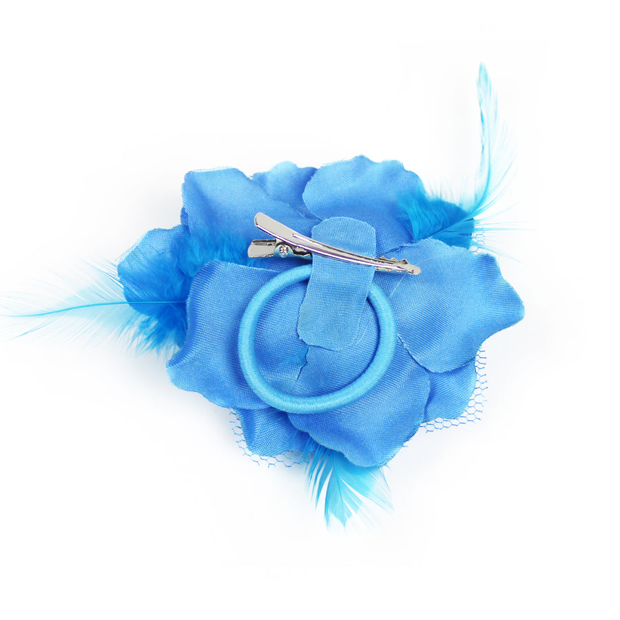 Blue Net Rose Hair Clip with Feathers