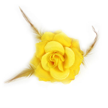 Yellow Net Rose Hair Clip with Feathers