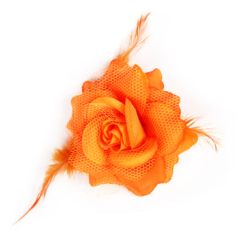 Orange Net Rose Hair Clip with Feathers