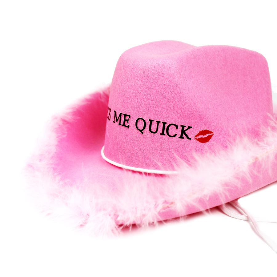 Hens Kiss Me Quick Cowboy Hat (Pink Feathers)