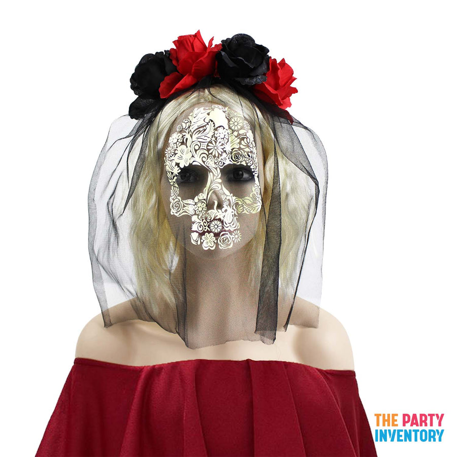 Day of the Dead Veiled Rose Headband (Black & Red)