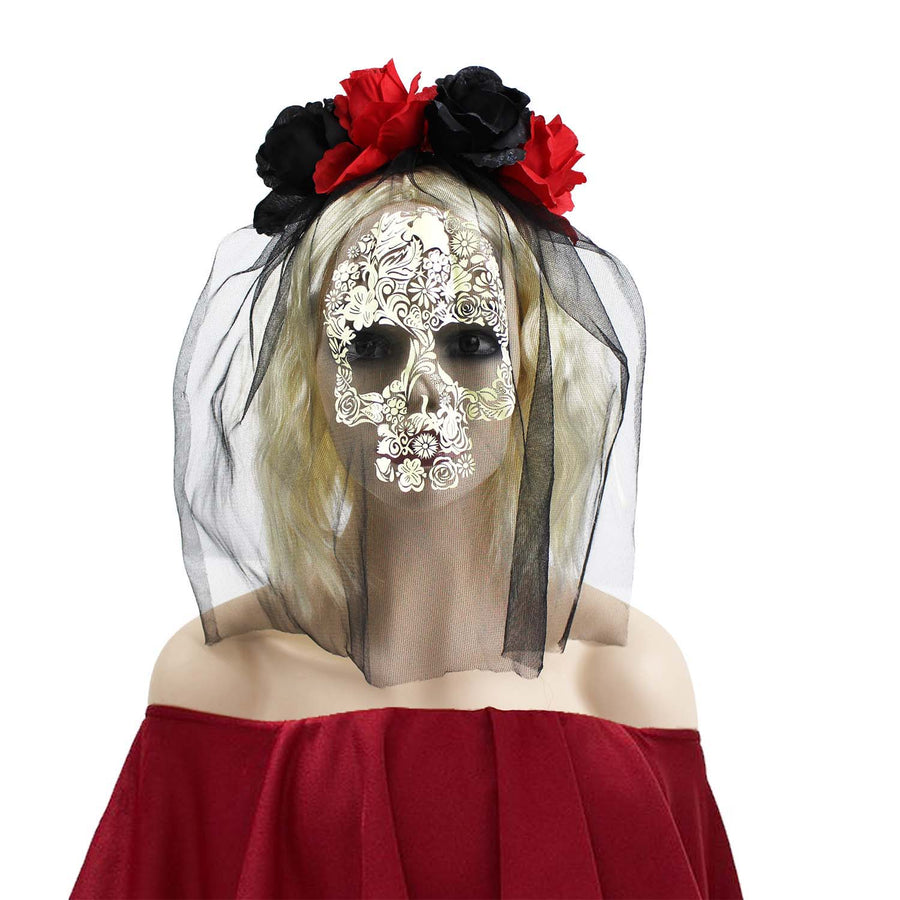 Day of the Dead Veiled Rose Headband (Black & Red)